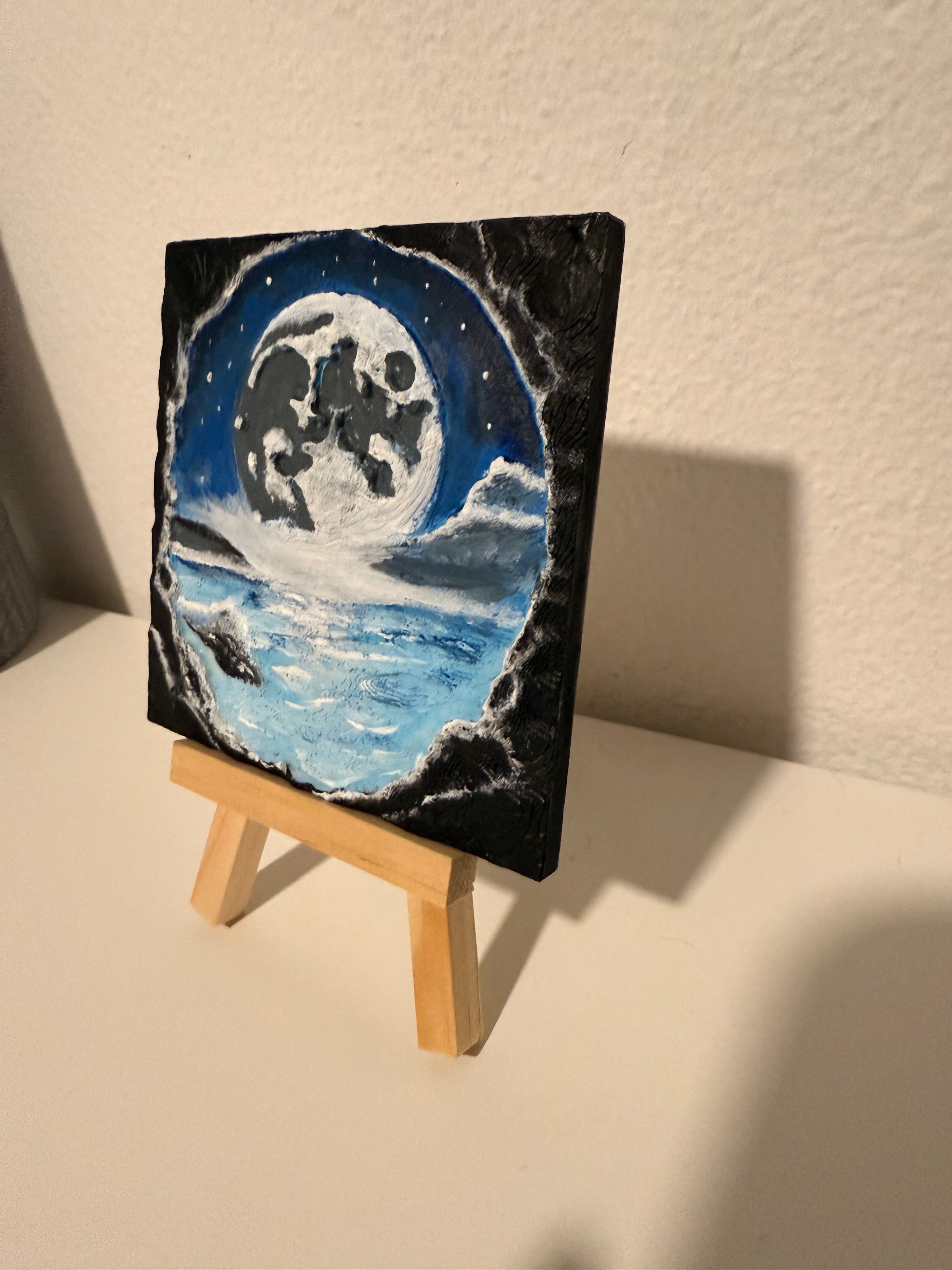 3D Printed Cave View Art - Moon & Ocean Scene Wall Decor Layered Artwork