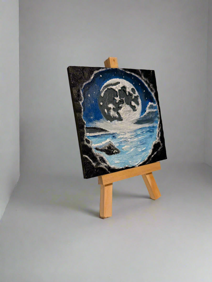 3D Printed Cave View Art - Moon & Ocean Scene Wall Decor Layered Artwork