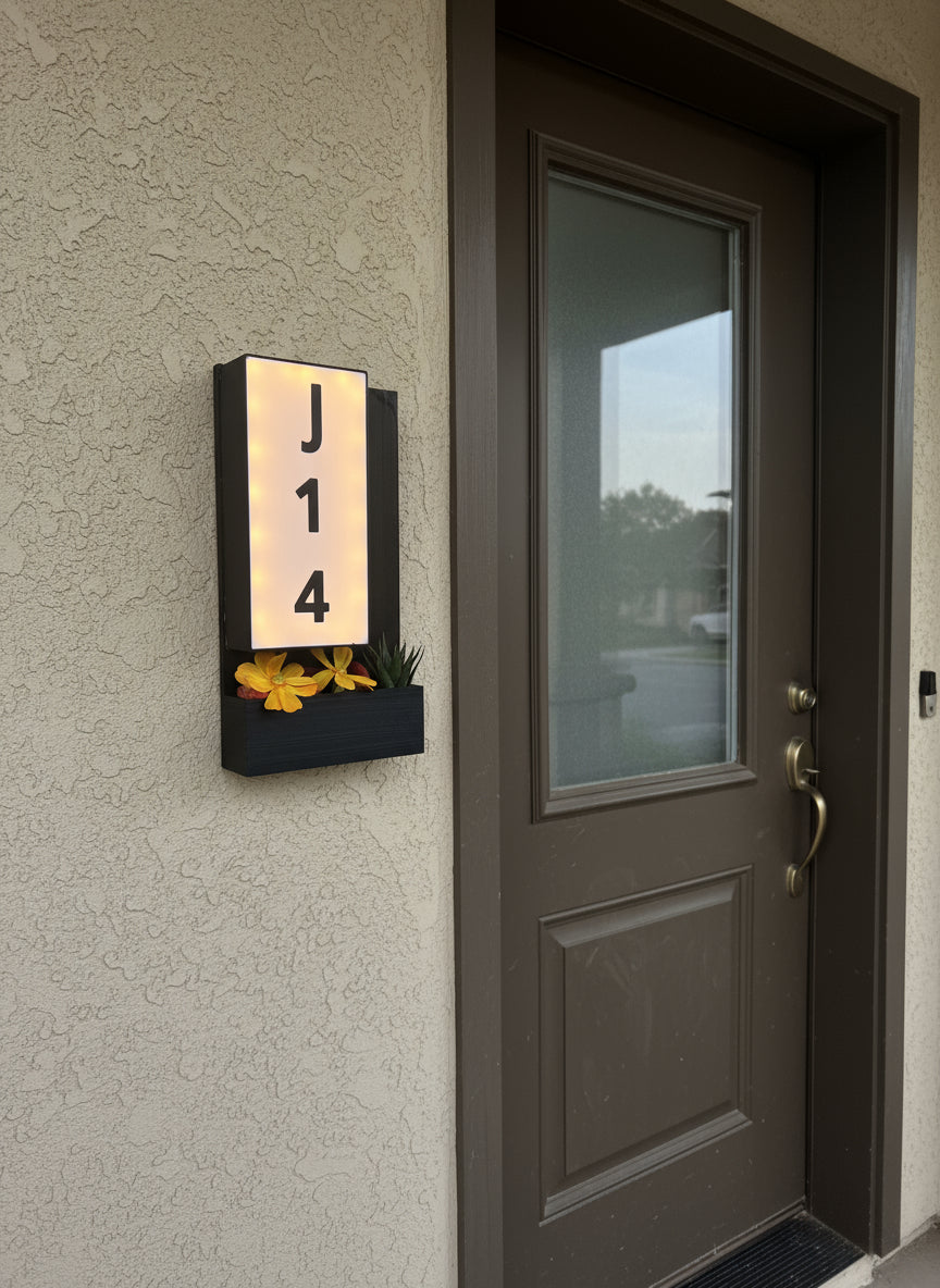 Illuminated House Numbers Plate with Seasonal Planter Outdoor Address Sign
