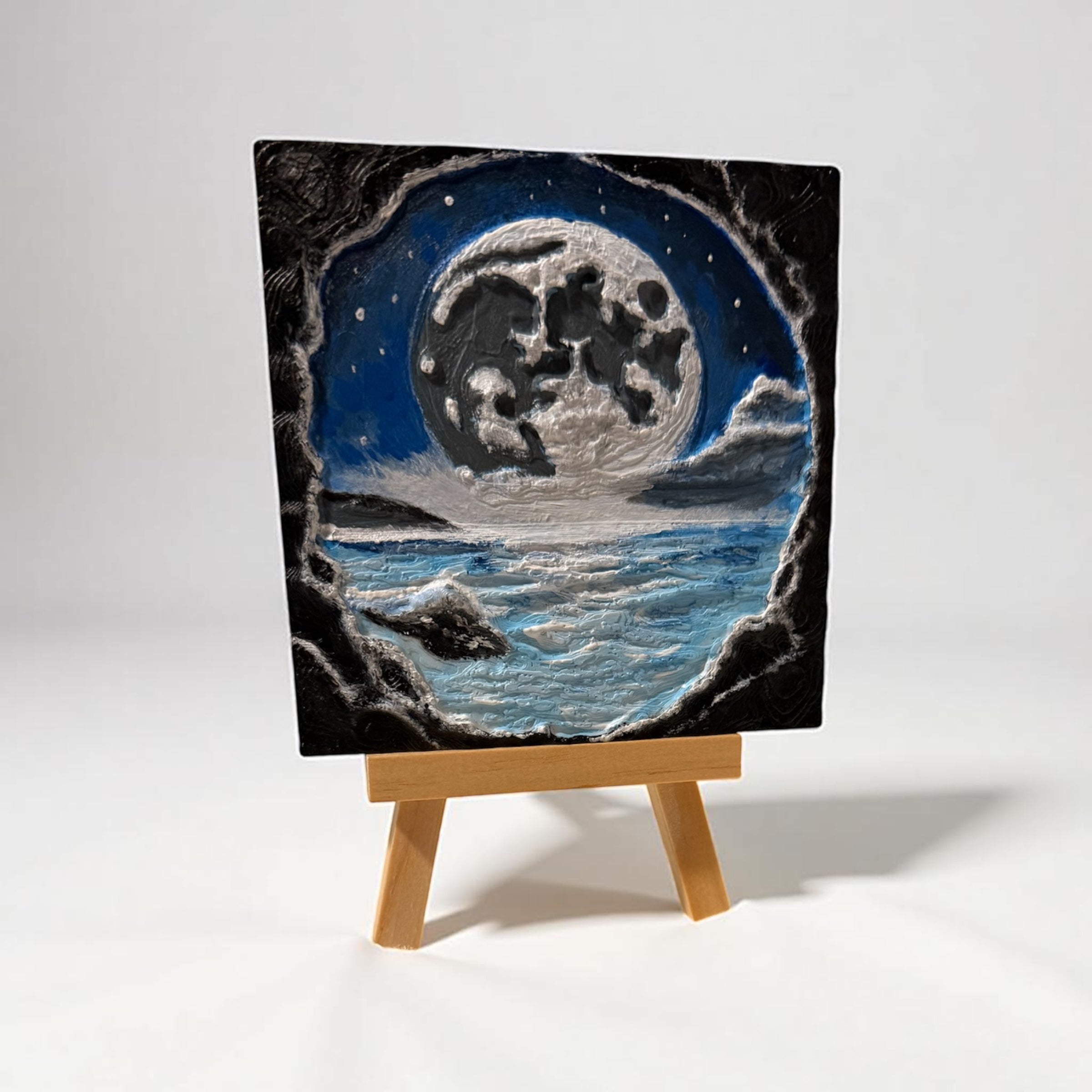 3D Printed Cave View Art - Moon & Ocean Scene Wall Decor Layered Artwork