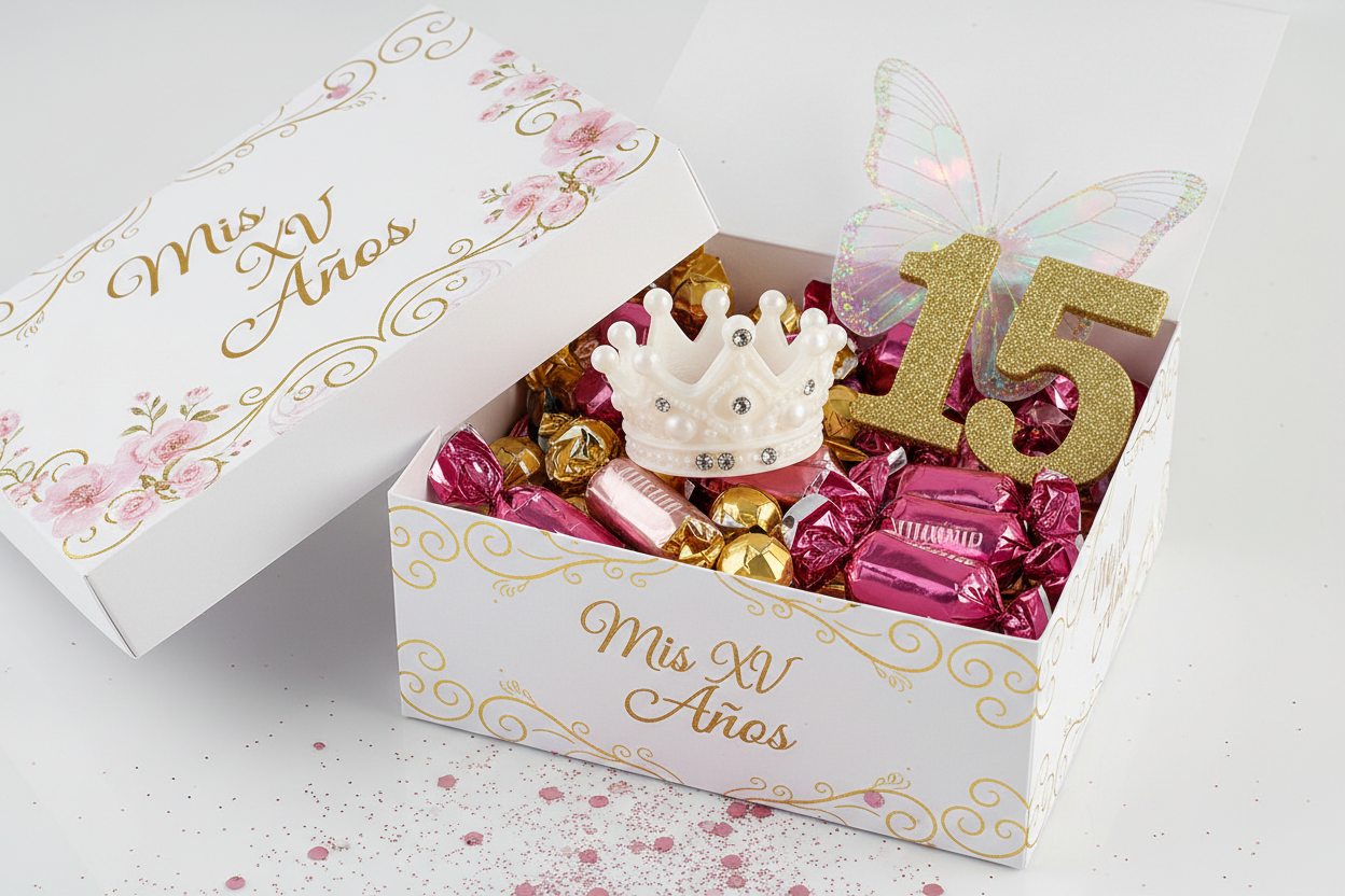 Caja de quinceañera con accesorios 3D